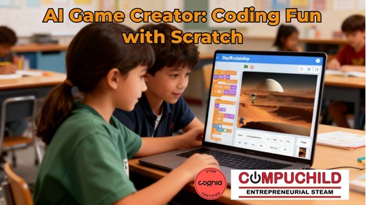 Children design interactive games and learn key coding concepts while enhancing their projects with animations, sounds, and AI-generated art to build creativity and problem-solving skills.